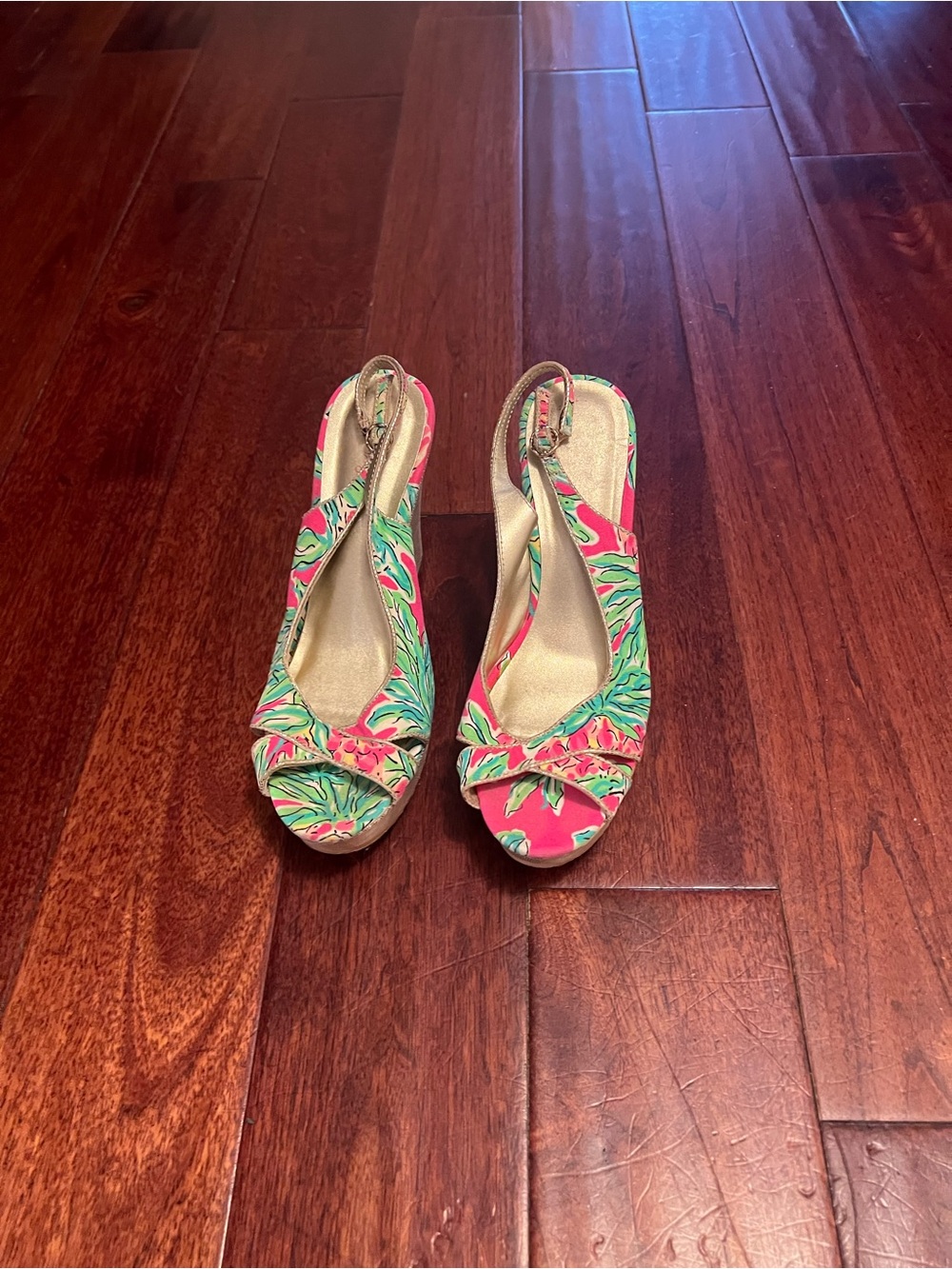 Tropical Pink Print Slingback Wedge Heels Size 9